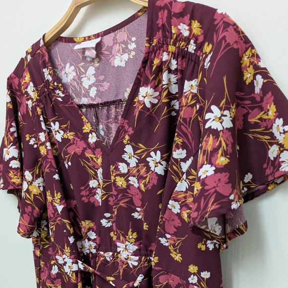 Isabel Maternity Burgundy Floral Tie Waist Flutter Short Sleeve Dress Medium - Picture 3 of 6